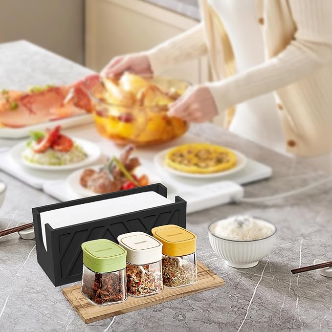Qivine 2Pcs Paper Towel Dispenser Wall Mount, 2-in-1 Wooden Paper Towel Holder, Toilet Napkin Holder Dispenser with Lid Removable Top Tray for Bathroom Kitchen Decor Home and Commercial(2, Black)