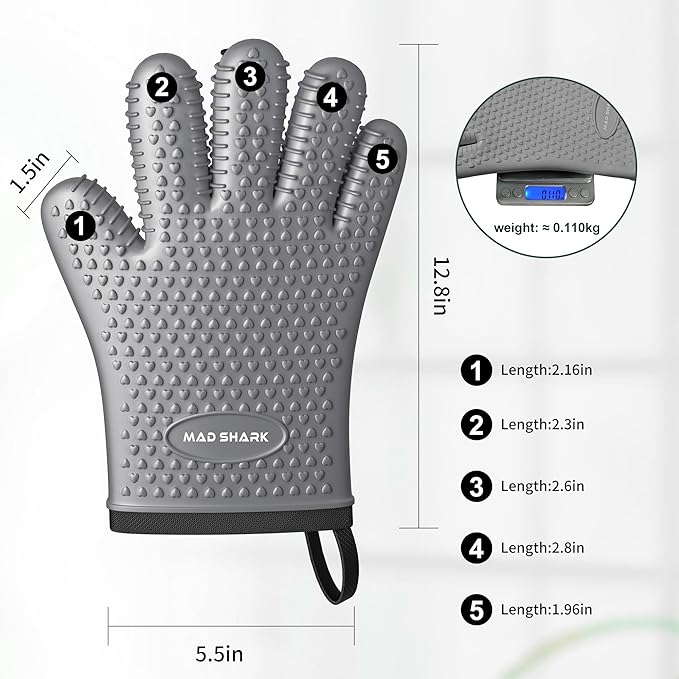 MAD SHARK Silicone Oven Mitts Heat Resistant 450°F,Waterproof & Non-Slip Oven Gloves with Fingers,Cotton Lined Silicone Oven Gloves Kitchen Mitts for Baking Cooking Barbecue,Women,Oven (GREY1)