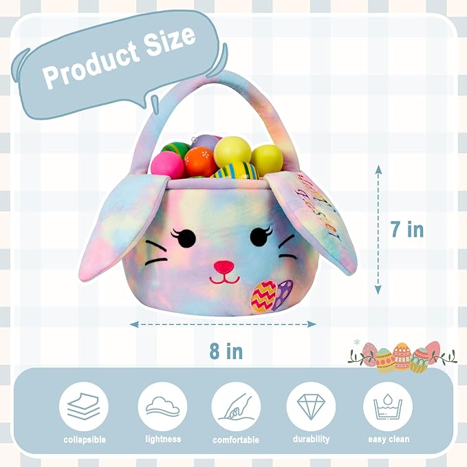 Easter Baskets for Kids,Plush Egg Hunting Easter Buckets with Handle Folded Ears, Gifts Boys Girls
