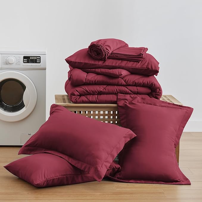 Love's cabin California King Comforter Set Burgundy, 7 Pieces California King Bed in a Bag, All Season Bedding Sets with 1 Comforter, 1 Flat Sheet, 1 Fitted Sheet, 2 Pillowcase and 2 Pillow Sham | Soft, Breathable, Lightweight, Comfortable
