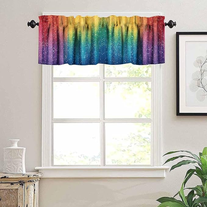 Rainbow Glitter Valance, Kids Colorful Magical Sparkle Art Short Rod Pocket Window Drapes for Kitchen Dining Room Bedroom Home Decor, 54x18Inch