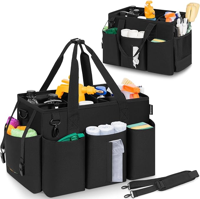 IBVIVIC Wearable Cleaning Caddy Bag for Cleaning Supplies, Large Capacity Cleaning Organizer Tote Bag Simple Kitchen Cleaning Supplies Storage Bag for Cleaners Housekeepers (Black)