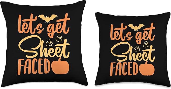 Halloween Let's Get Sheet Faced, Pumpkin, Bat Ghost Throw Pillow