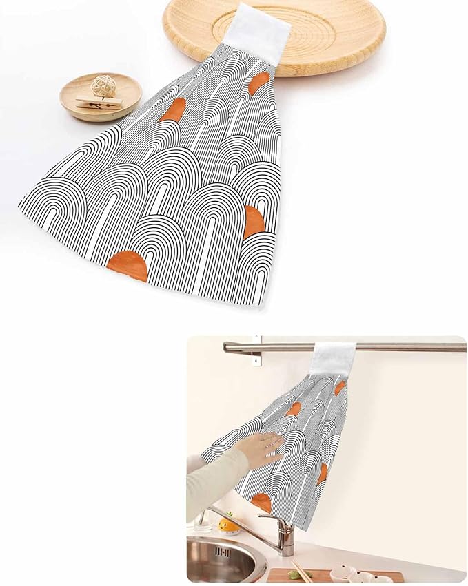 Alandar Home Kitchen Tie Towel Set of 1, Boho Abstract Black White Rounds Stripes Absorbent Soft Hand Towels for Bathroom Hanging Towels, Orange Polka Dots Fast Drying Cleaning Cloth with Loop