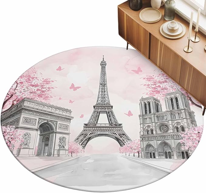 Washable Round Area Rug Modern Pink Flower Paris Landmarks Circle Rugs Floor Carpet for Living Room Bedroom, Towel Architecture Soft Non Slip Round Rug 3ft