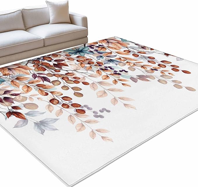 Area Rug 3x5ft, Fall Orange Watercolor Eucalyptus Leaves Washable Rugs for Living Room Bedroom, Fallen Leaf on White Soft Non-Slip Area Rugs Rectangle Floor Carpet for Dining Room