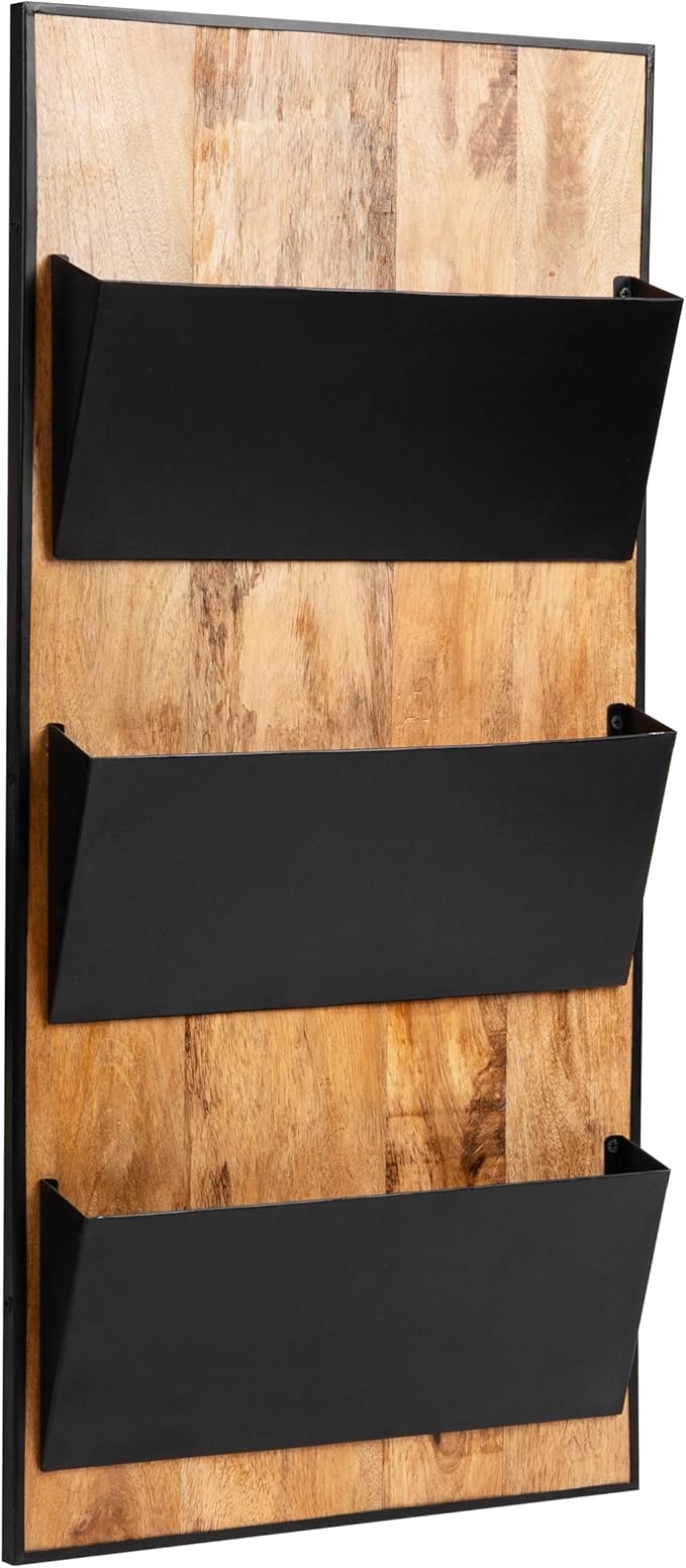 Mind Reader 3-Tier Wall-Mounted File Organizer, Wood and Metal Vertical Rack for Mail, Magazines, and Documents, Black