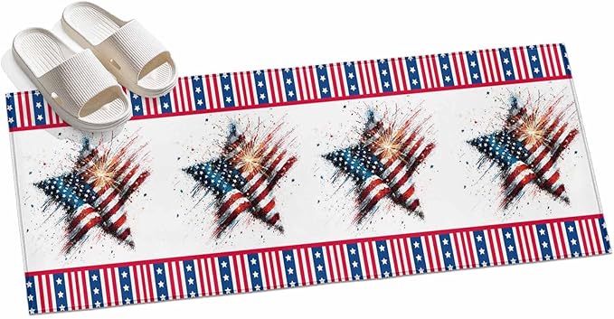 Runner Rug for Bedroom Hallway, 4th of July Stars Stripes Abstract Flag Kitchen Runner Rugs Area Rug 2x6ft, Patriotic Theme Washable Soft Floor Carpet for Entryway Stair