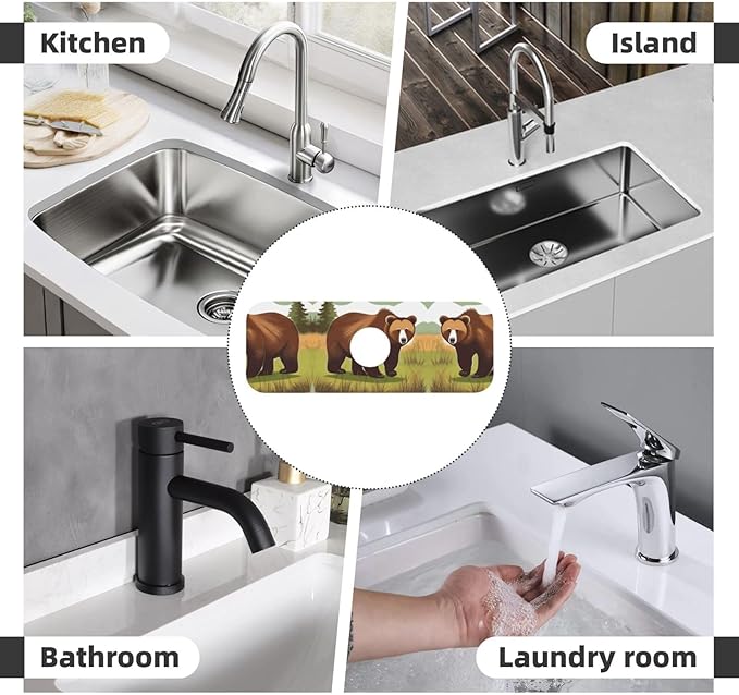 Brown Bear Walking Printed Faucet Absorbent mat, Suitable for bathrooms, Kitchens, and Other Sink Areas.