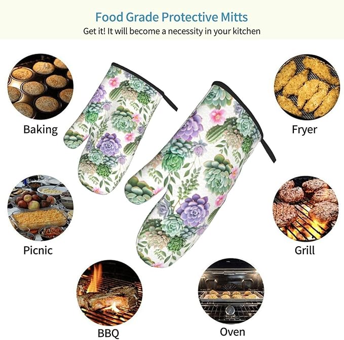 Succulents Oven Mitts of 2 Pack, Funny Kitchen Gloves Heat Resistant Non-Slip Kitchen Mitts for Cooking Baking Grilling