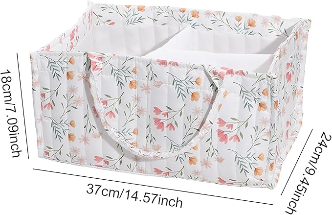 Quilted Fabric Storage Basket Floral Baby Diaper Caddy Quilted Basket Organizer for Newborn Nursery Bedroom Car Storage