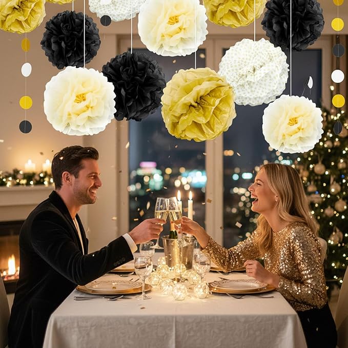20Pcs Black and Gold Party Decorations 2026 Graduation Decorations 16 Pack Black and Gold Pom Poms Paper Flowers 4 Pack Garlands String for Birthday Wedding Anniversary 2026 Graduation Party Supplies