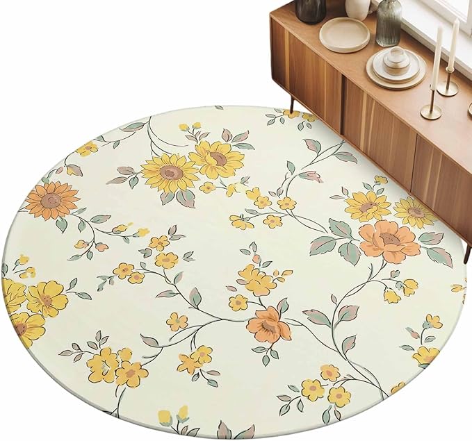 Washable Round Area Rug Orange Yellow Flowers Wild Vines Circle Rugs Floor Carpet for Living Room Bedroom, Watercolor Floral Soft Non Slip Round Rug 5ft