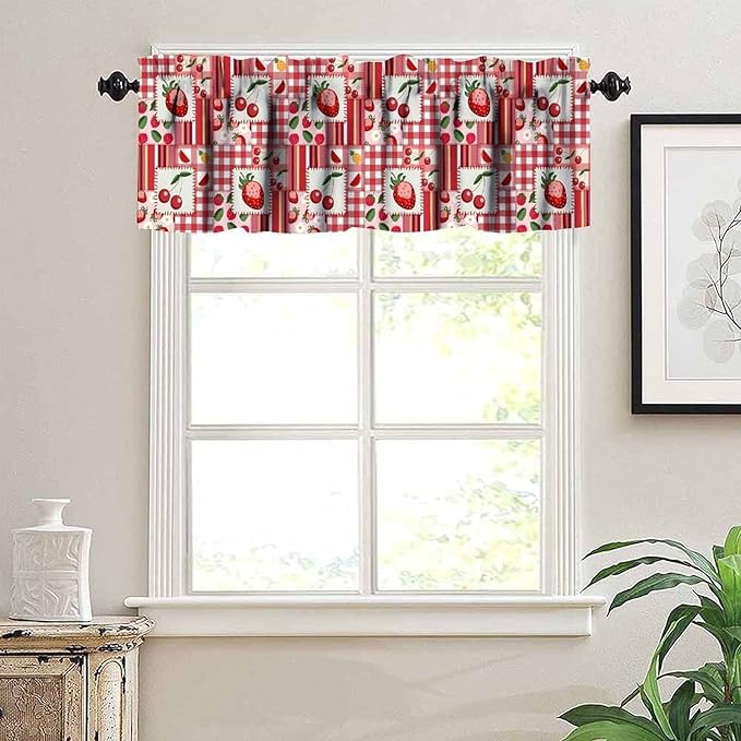 Fruit Patchwork Curtain Valance, Red Strawberry Cherry Buffalo Plaid Short Rod Pocket Window Treatment for Kitchen Dining Bedroom Living Room Resturant Cafe Home Decor, 54x18Inch