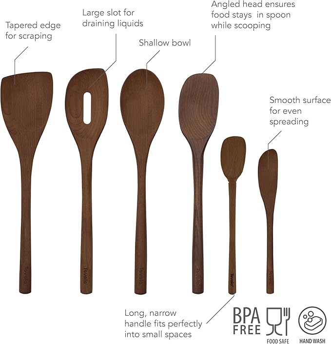Tovolo Beechwood Cooking Utensils for Cooking Baking Meal Prep Set of 6 Wooden Turner Mixing Slotted Spoon Sandwich Spreader Spoonula Bundle, Long Handle Beechwood Wooden Kitchen Cooking Utensils