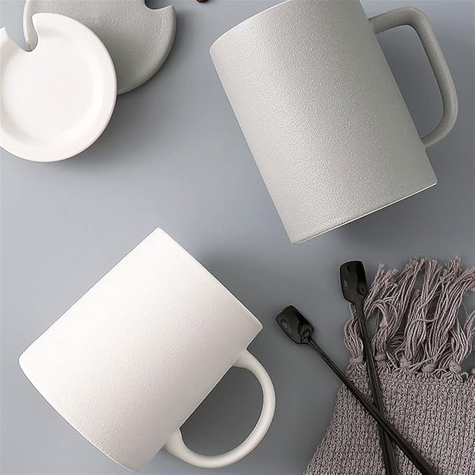 Latte Mug 350ML/440ML European Frosted Ceramic Mug with Lid Spoon Coarse Pottery Retro Breakfast Oatmeal Cup for Any Kitchen (Color : 1) (D)
