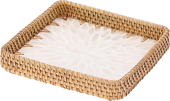 Handwoven Rattan Key Bowl Natural Wicker Serving Tray with Mother-of-Pearl Inlay Decorative Square Serving Tray, White