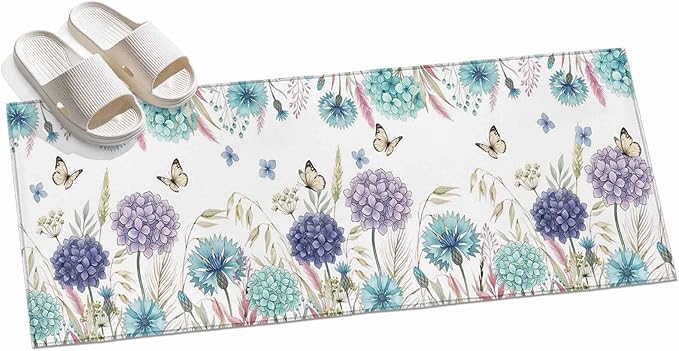 Runner Rug for Bedroom Hallway, Spring Flower Thistle Hydrangea Kitchen Runner Rugs Area Rug 2x6ft, Wild Garden Floral Butterfly Washable Soft Floor Carpet for Entryway Stair