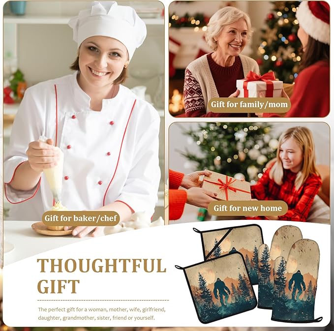 Vintage Bigfoot Forest Oven Mitts and Pot Holders Sets 4Pcs Mountain Silicone Kitchen Gloves Heat Resistant Potholders for Baking Cooking Grilling BBQ