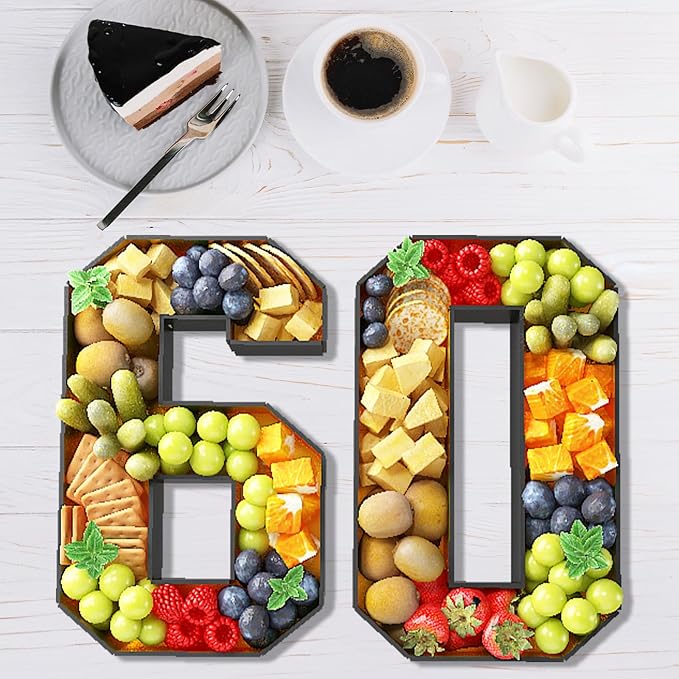 60 Cardboard Numbers for Charcuterie Fillable 13.8'' Black Gold Paper Mache Number Shaped Cupcake Pans Board Box Trays Container for Food Candy 60th Birthday Party Decorations Anniversary