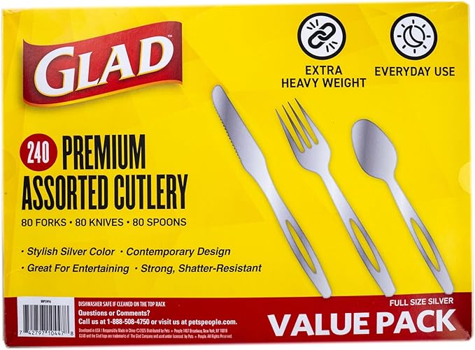 Glad Silver Disposable Cutlery Set with Heavy Duty Plastic Forks, Knives, and Spoons, Reusable Dishwasher Safe Plastic Utensils for Parties and Everyday Use, 240 Count