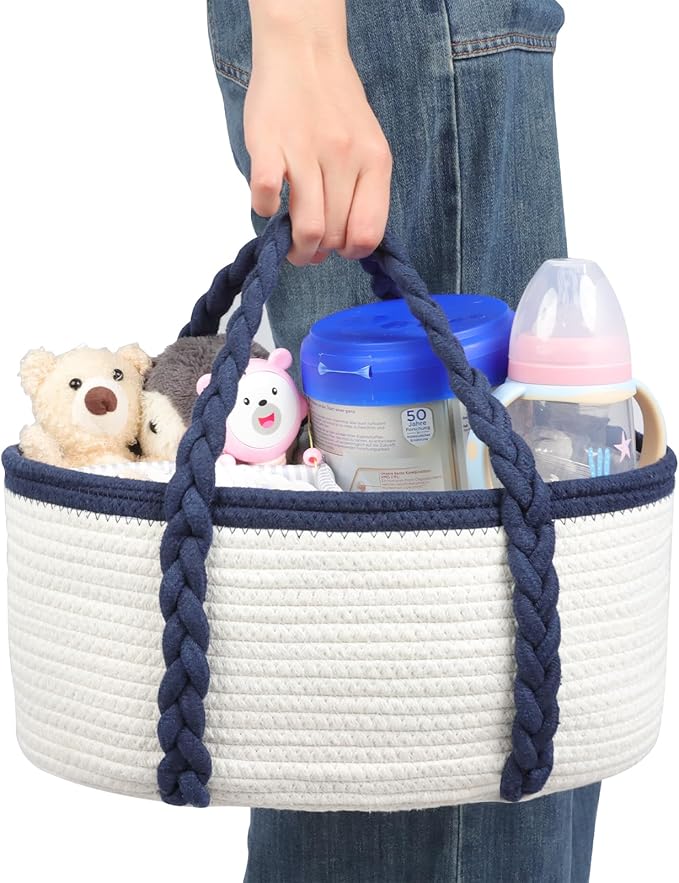 Baby Diaper Caddy, Portable Diaper Organizer for Changing Table, Car Travel Baby Shower Gifts Newborn Essentials, Cotton Rope Nursery Storage Basket for Boys (White&Navy Blue)