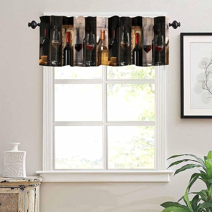 Red Wine Kitchen Valance, Wine Bottle Glass Collage Cheese Winery Short Window Drapes for Dining Room Resturant Pub Bars Decor, 54x18Inch