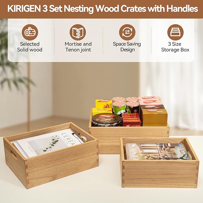 KIRIGEN Nesting Wood Crates with Handles Set of 3 - Farmhouse Decor Wooden Storage Containers/ Portable Rolling Tray Basket/ Crates Decorative Boxes Natural 3TH-NA