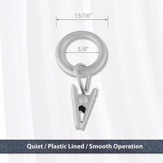 5/8 inch Noise-Canceling Curtain Rings w/Clip (Set of 10) - White