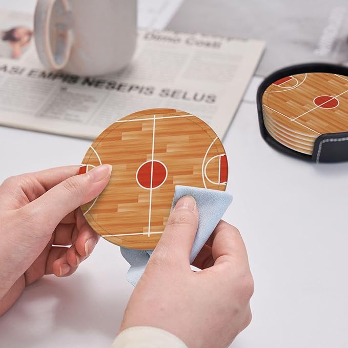 Basketball Court Leather Drinks Coasters with Holder, Set of 6, Suitable for Various Cups