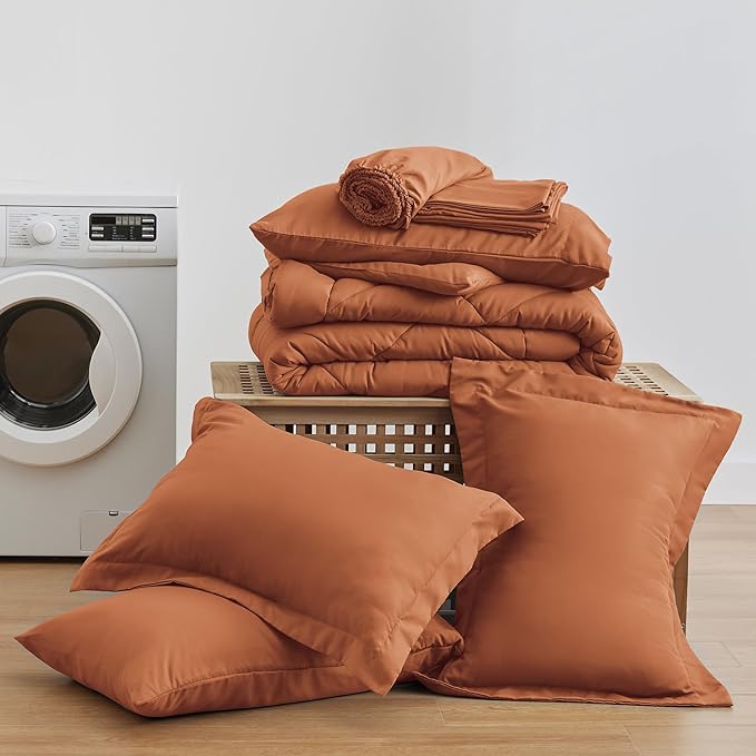 Love's cabin Queen Comforter Set Terracotta, 7 Pieces Queen Bed in a Bag, All Season Bedding Sets with 1 Comforter, 1 Flat Sheet, 1 Fitted Sheet, 2 Pillowcase and 2 Pillow Sham | Soft, Breathable, Lightweight, Comfortable