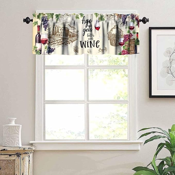 Rustic Wine Kitchen Valance, Vintage Vineyard Grapevine Wineglass Farmhouse Decor Short Window Drapes for Bedroom Living Room Home Bar Decoration, 54x18Inch