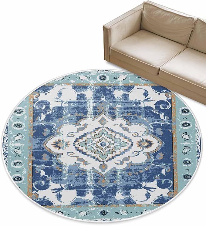 Round Area Rug,Abstract Flower Ethnic Tribal Style Circle Living Room Rug Non-Slip Rugs Indoor Carpet,Retro Blue Floral Soft Comfort Rugs for Bedroom KidsRoom Nursery
