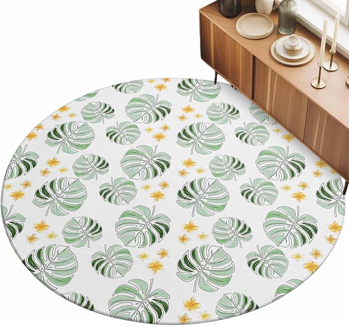 Washable Round Area Rug Summer Palm Leaves Pattern Circle Rugs Floor Carpet for Living Room Bedroom, Scattered Starburst Flowers Soft Non Slip Round Rug 5ft
