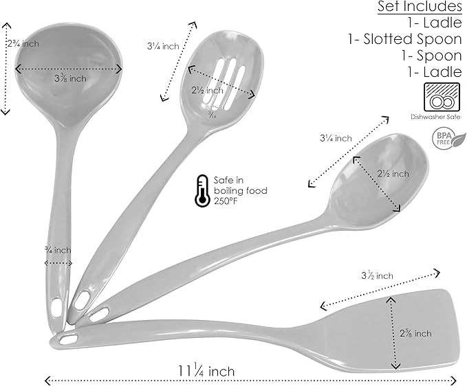Reston Lloyd 100% Melamine Kitchen Utensil Set, Non Scratching Ladle, Spoon, Slotted Spoon & Spatula, Easy To Hold, Set of 4, Charcoal