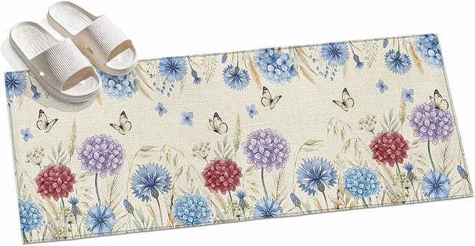 Runner Rug for Bedroom Hallway, Spring Watercolor Garden Flower Kitchen Runner Rugs Area Rug 2x6ft, Hydrangea Floral on Burlap Washable Soft Floor Carpet for Entryway Stair