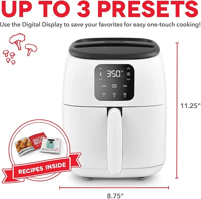 Dash Tasti-Crisp™ Digital Air Fryer – 2.6 Quart Small Compact Mini Air Fryer for French Fries, Nuggets & More, 1-2 People, Auto Shut Off, Adjustable Temp, Dishwasher Safe Parts - White