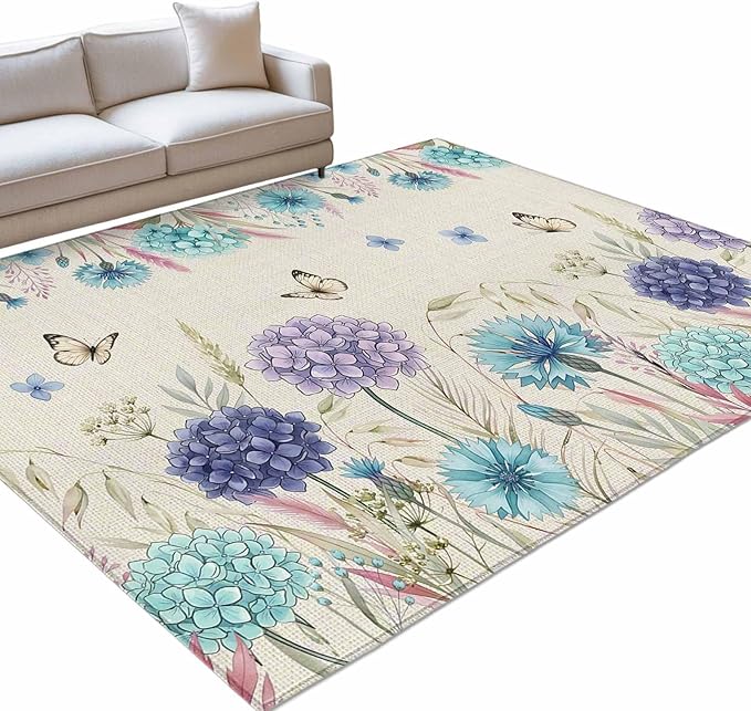 Area Rug 3x5ft, Farm Blossom Floral Hydrangea Washable Rugs for Living Room Bedroom, Watercolor Butterfly on Linen Soft Non-Slip Area Rugs Rectangle Floor Carpet for Dining Room