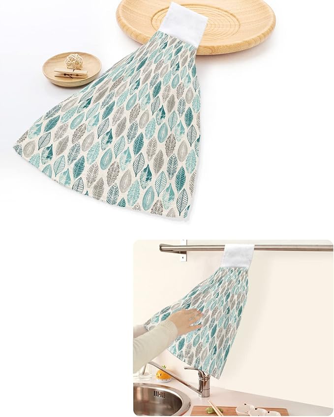 Alandar Home Kitchen Tie Towel Set of 2, Teal Leaf Gray Gradient Leaves Absorbent Soft Hand Towels for Bathroom Hanging Towels, Farm Plant Vintage Linen Fast Drying Cleaning Cloth with Loop