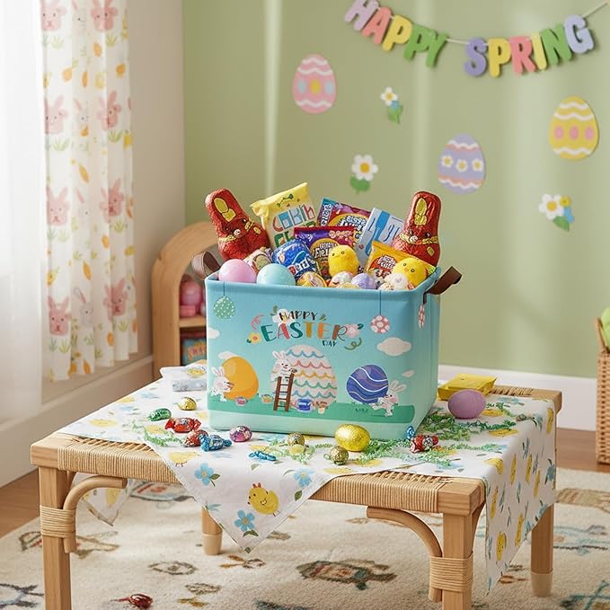 Large Rectangular Cute Kid Easter Basket Empty Bunny Eggs Easter Basket Gift Spring Room Storage Organizer Décor (E-10)