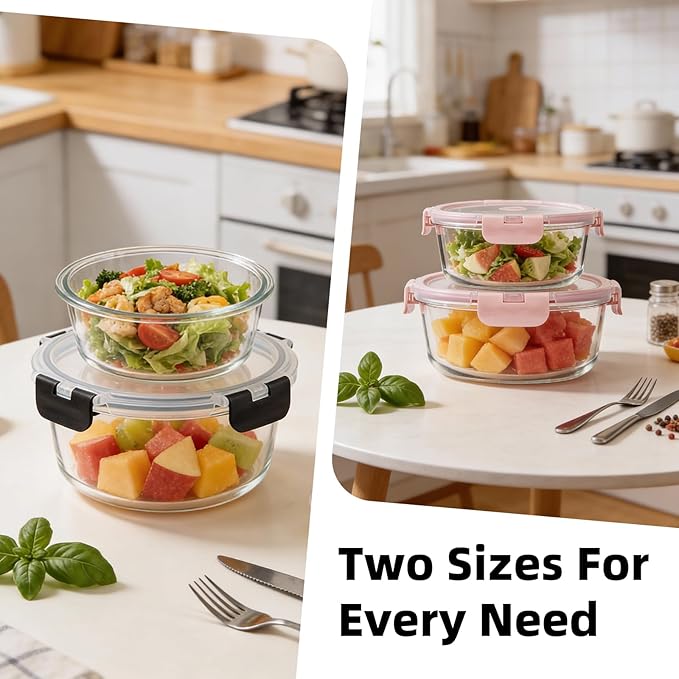 Konokyo Round Glass Food Storage Containers with Lids, 24 Pack Airtight Leakproof Meal Prep Containers, BPA-Free, Microwave Oven Freezer & Dishwasher Safe, Assorted Sizes