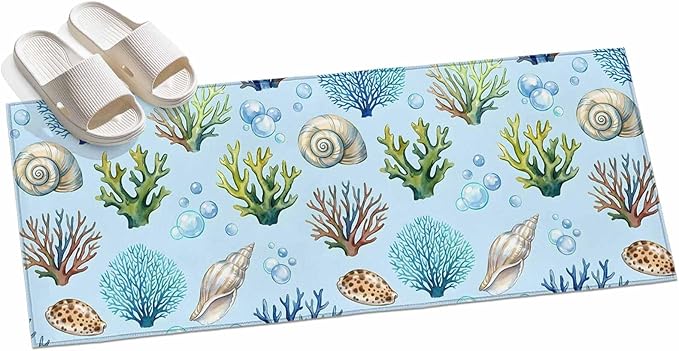 Runner Rug for Bedroom Hallway, Coastal Shell Coral Bubble Kitchen Runner Rugs Area Rug 2x6ft, Nautical Ocean Blue Underwater Scene Washable Soft Floor Carpet for Entryway Stair