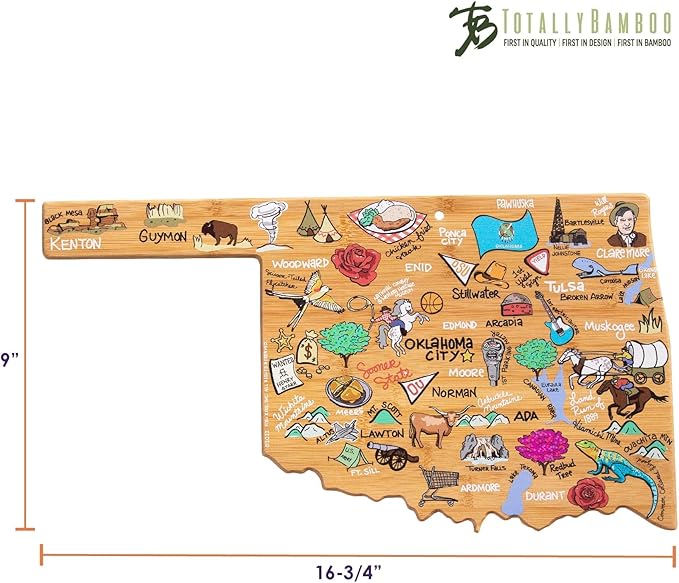 Totally Bamboo Oklahoma State Shaped Cutting Board and Charcuterie Serving Platter with Artwork by Fish Kiss, Includes Hang Tie for Wall Display