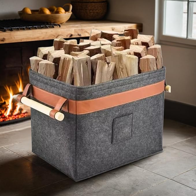Firewood Basket Carrier, Large Capacity Firewood Holder, Foldable Felt Storage Basket with Handles for Home, Clothes Toys Organizing Design, Storage Accessory for Living Room, Fireplace Use Daily