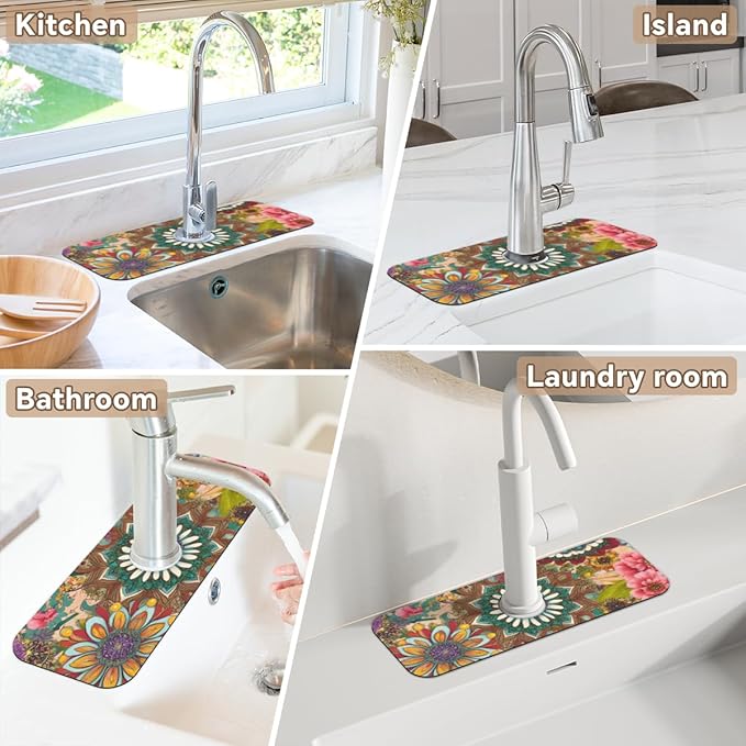 Bohemian Floral Sink Faucet Mat, Vintage Kitchen Faucet Absorbing Mat, Diatomaceous Earth Sink Splash Guard for Kitchen & Bathroom, Exotic Home Decor Accessory, 15.4"x5.7"