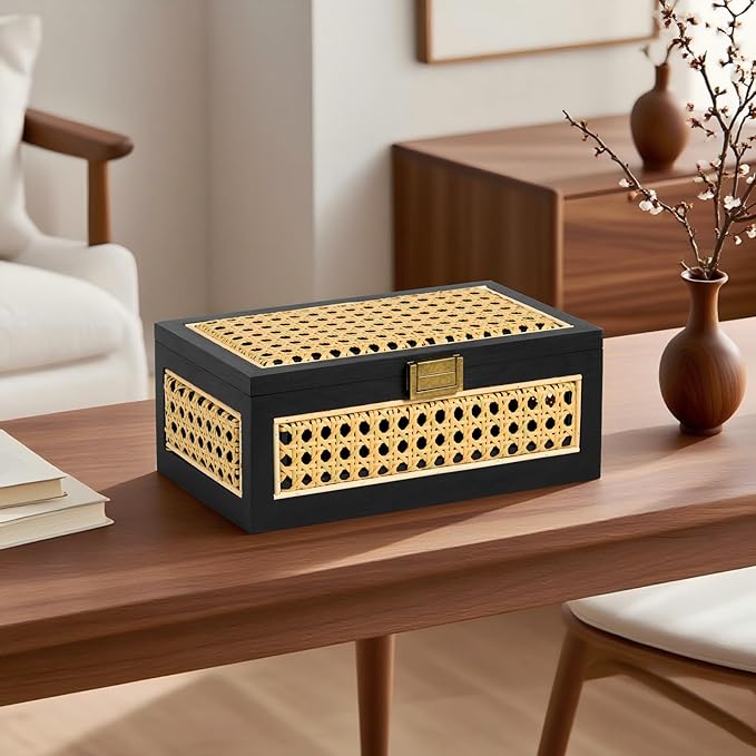 2PCS Rattan Storage Boxes Decorative Handmade Natural Wood Baskets with Lid Wooden Frame Boho Rustic Wicker Box Woven Cane Bins Shelf Closet Organizer Container (Black, 1 Large 1 Small)