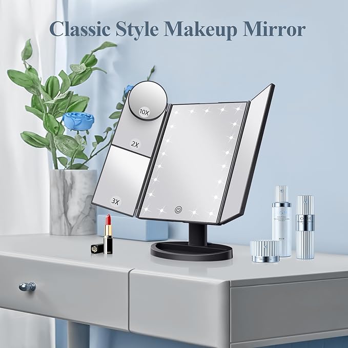 HUONUL Makeup Mirror, Vanity Mirror with Lights, 2X/3X/10X Magnification, Touch Control, Trifold, Dual Power Supply, Mothers Day for Mom Gifts,Gifts for Women, Wife, Mom, Girls,Dorm Room Essentials