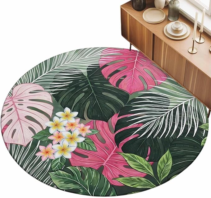 Washable Round Area Rug Summer Watercolor Pink Green Leaf Circle Rugs Floor Carpet for Living Room Bedroom, Tropical Flower Leaves Plant Soft Non Slip Round Rug 5ft
