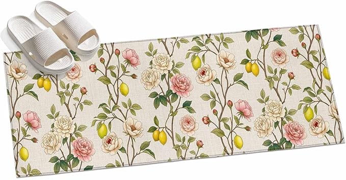 Runner Rug for Bedroom Hallway, Farmhouse Blossom Flower Leaf Lemon Kitchen Runner Rugs Area Rug 2x6ft, Summer Retro Floral Fruit Washable Soft Floor Carpet for Entryway Stair