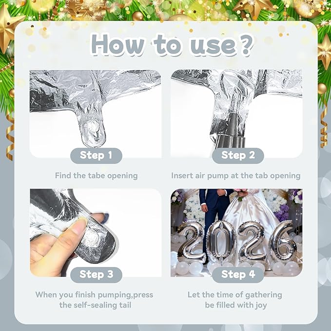 Silver 2026 Balloons, Jumbo 40 Inch Foil 2026 Number Balloons, Grad Balloons for Class of 2026 Graduation Party, Silver Matellic Foil New Year Birthday Home Office Party Supplies